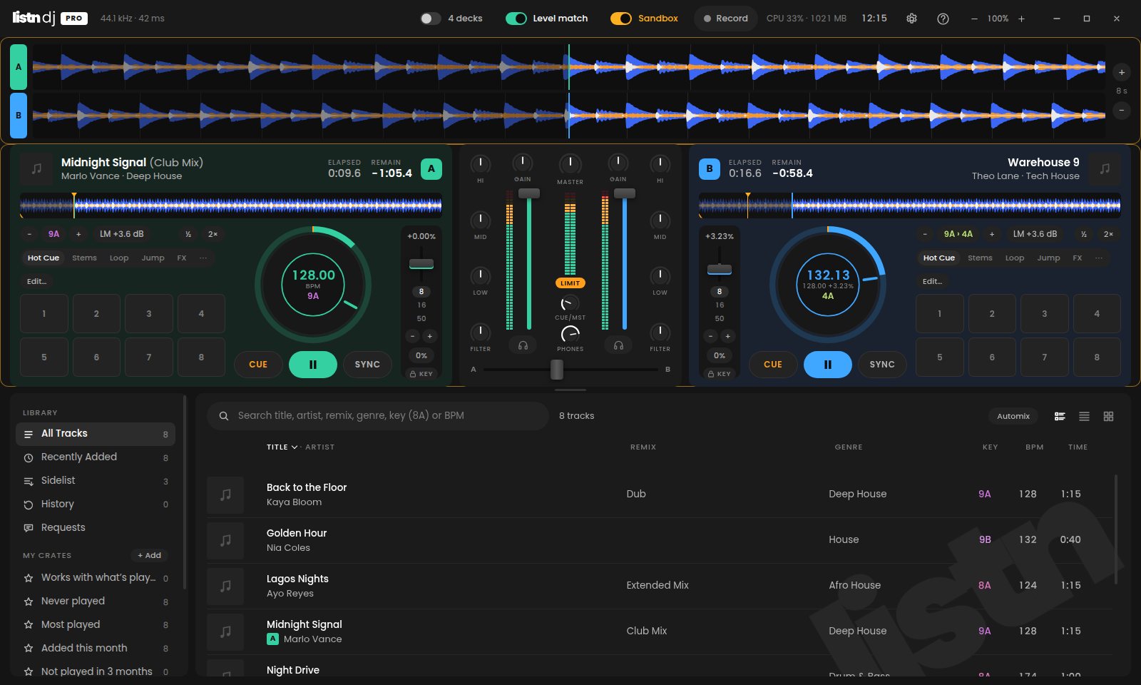 Rehearse the next mix while the room keeps dancing.